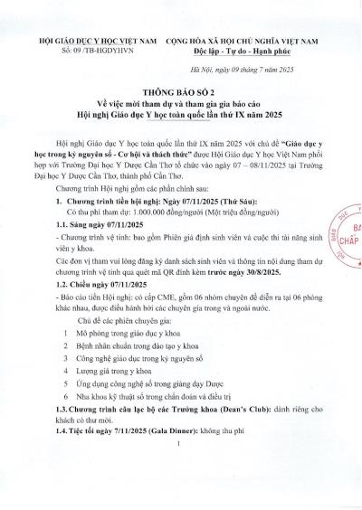 Thông báo số 2 về việc mời tham dự và tham gia gia báo cáo Hội nghị Giáo dục Y học toàn quốc lần thứ IX năm 2025